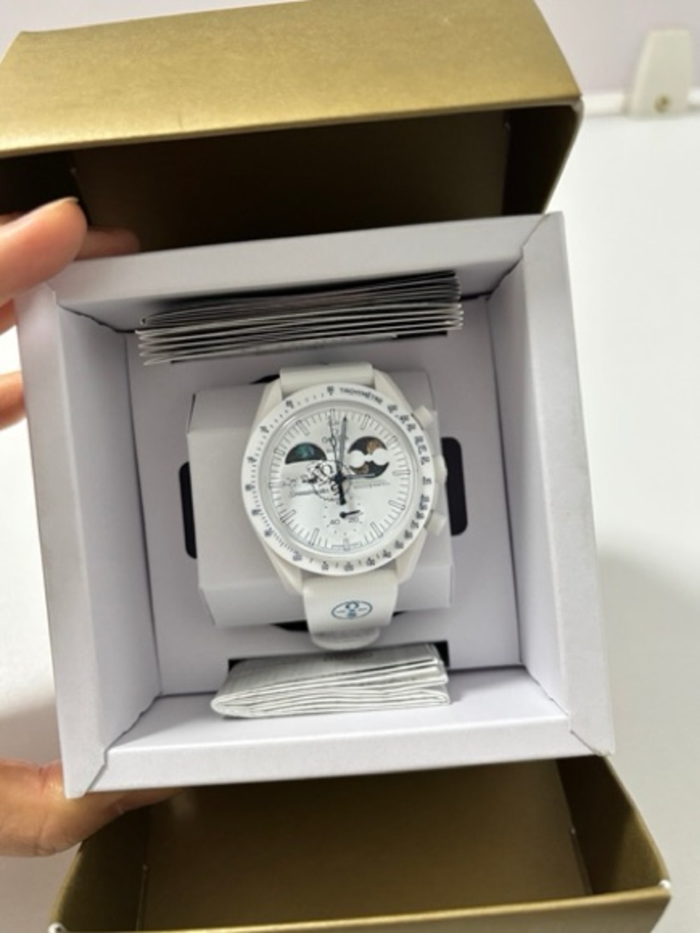 Omega White Men's Chronograph with Moonphase Accents